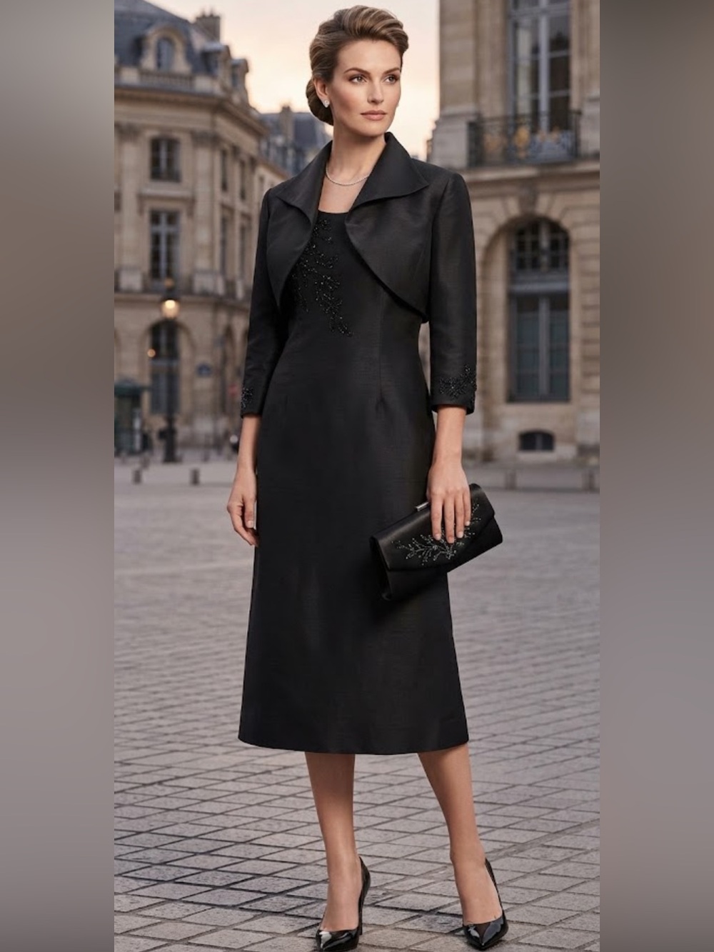 Talbots Black Beaded Dress & Bolero Jacket Set Formal Evening Cocktail